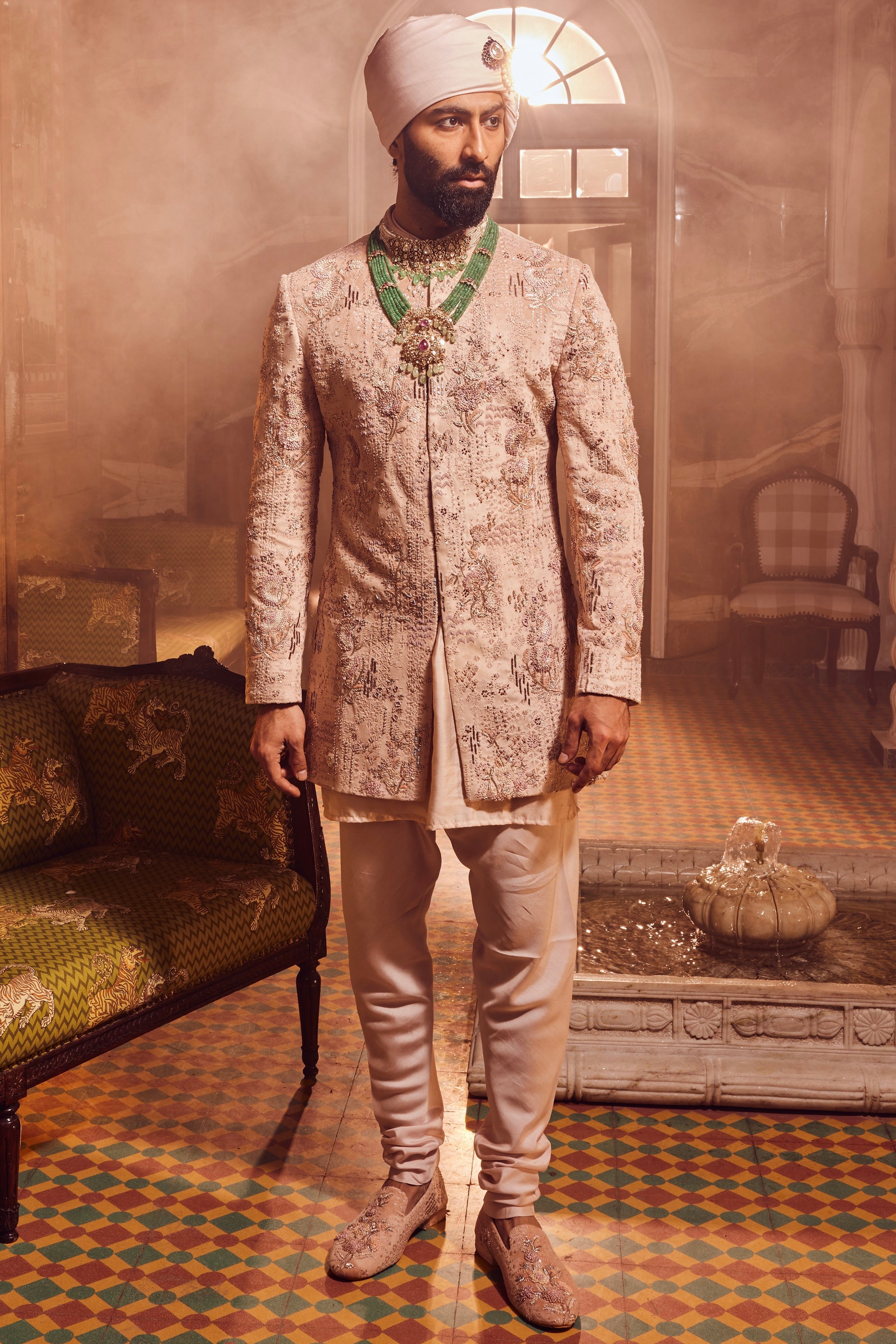 Salmon Pink Embroidered Velvet Prince Coat (3-Piece) - Image 5