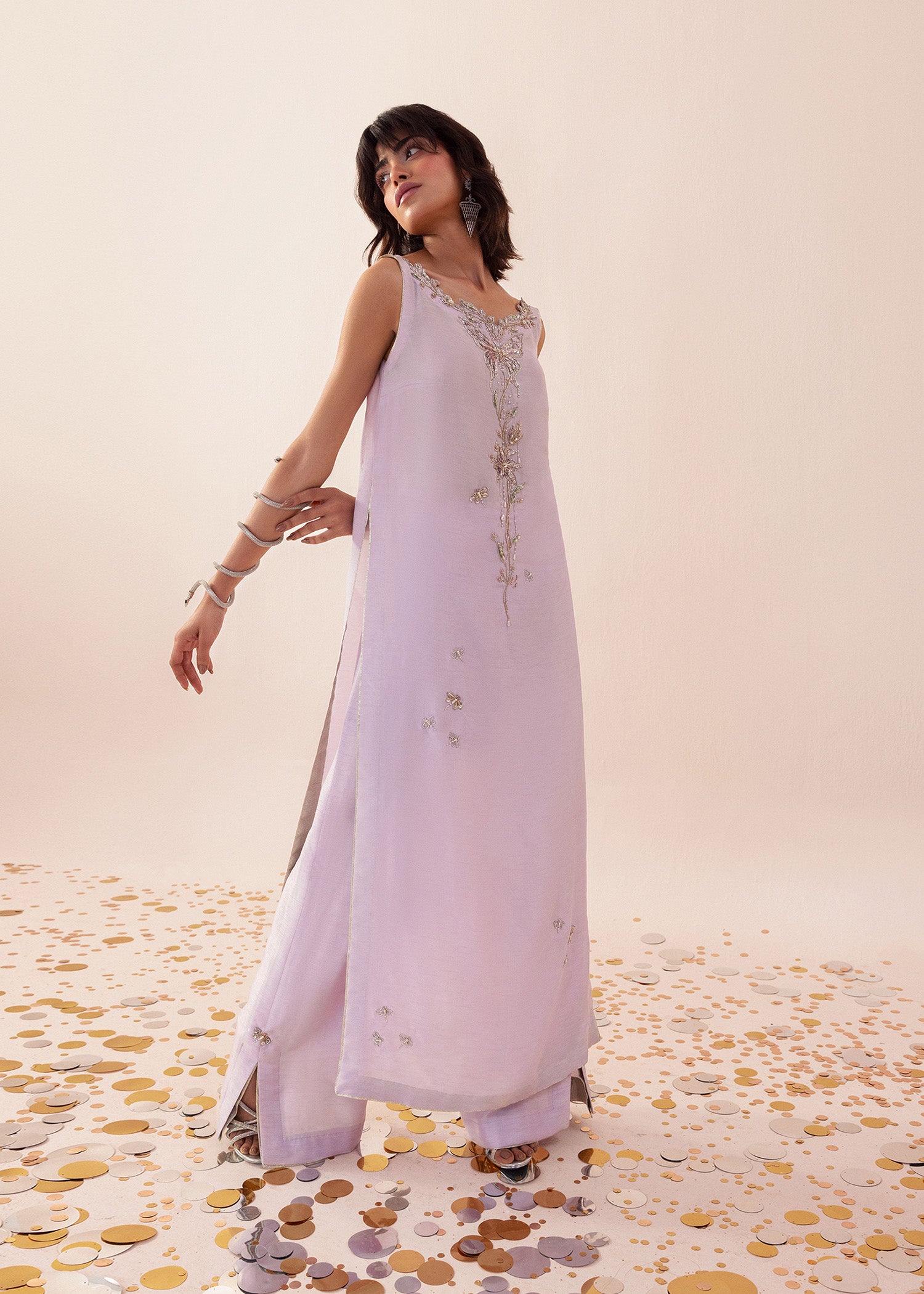 Mauve Embroidered Bamber Raw Silk Salwar Kameez (2-Piece) - Image 3