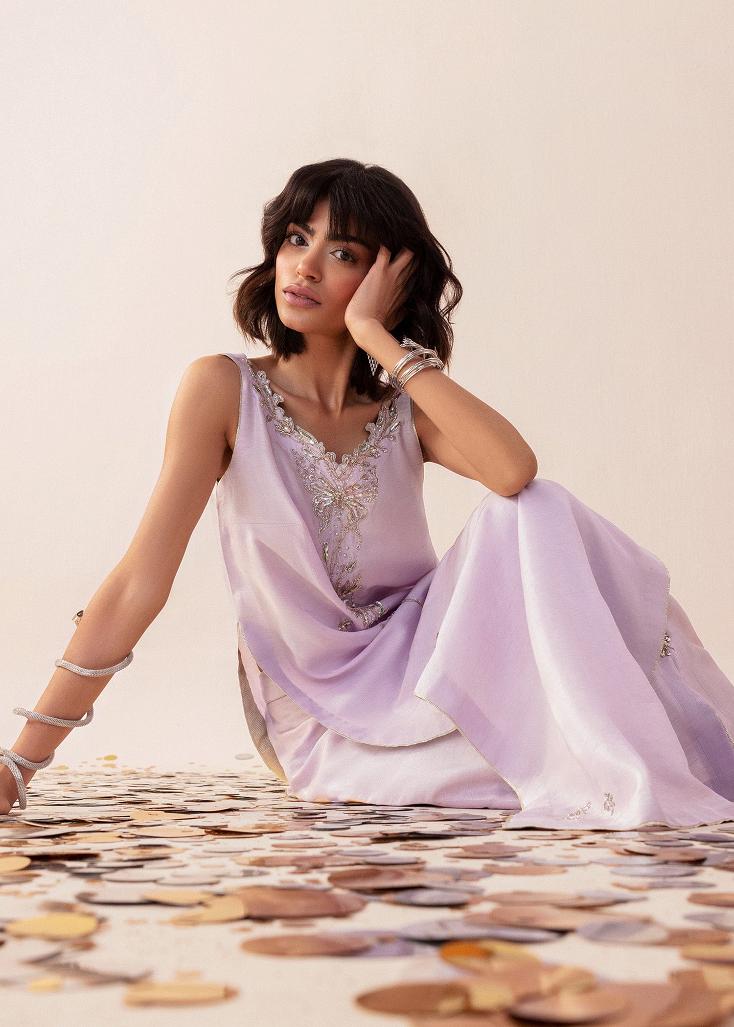 Mauve Embroidered Bamber Raw Silk Salwar Kameez (2-Piece) - Image 7