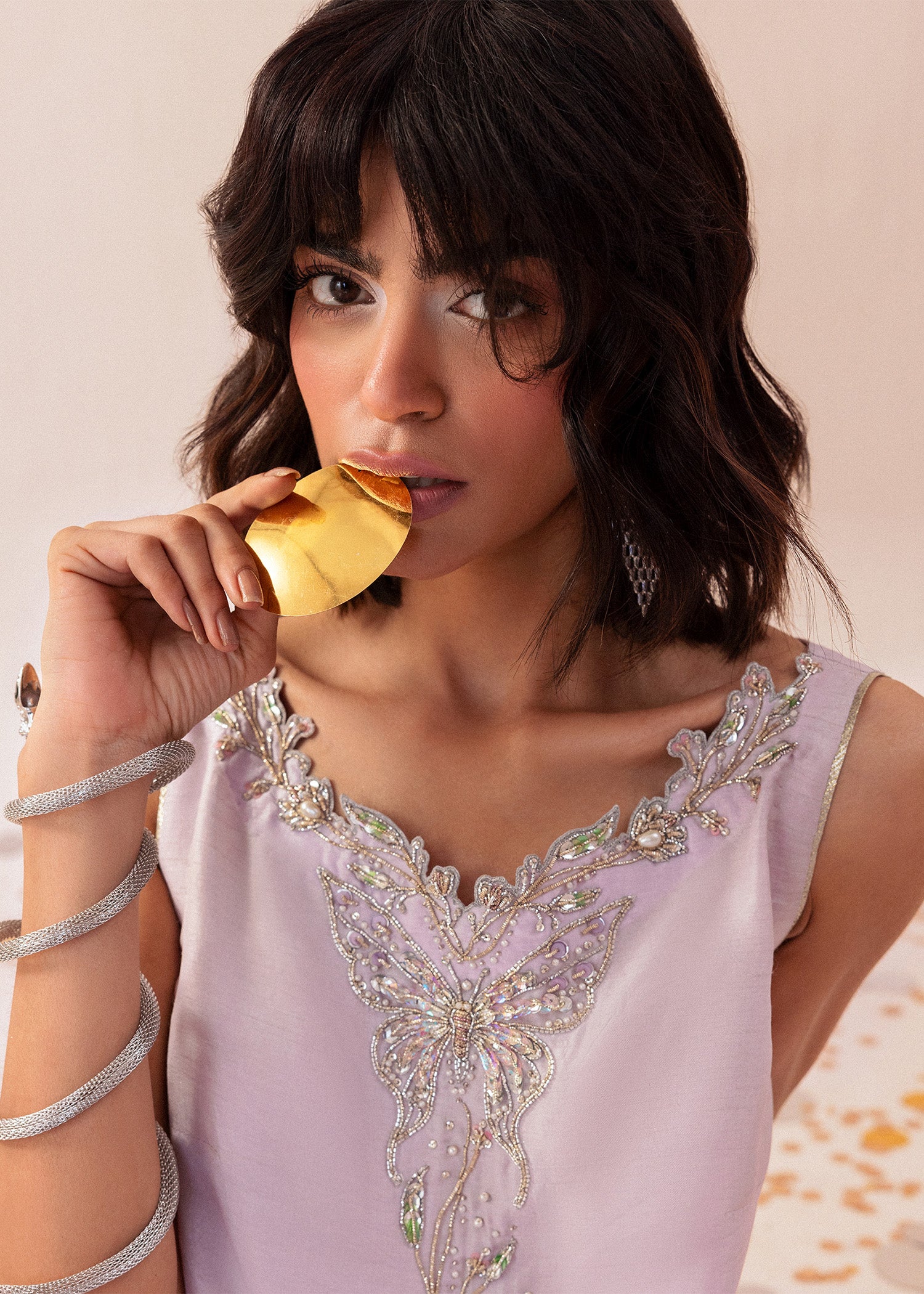 Mauve Embroidered Bamber Raw Silk Salwar Kameez (2-Piece) - Image 9