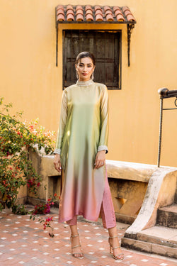 Pakistani Shaded Nude-Pink Embellished Chamois Silk Salwar Kameez (2-Piece) - Image 1