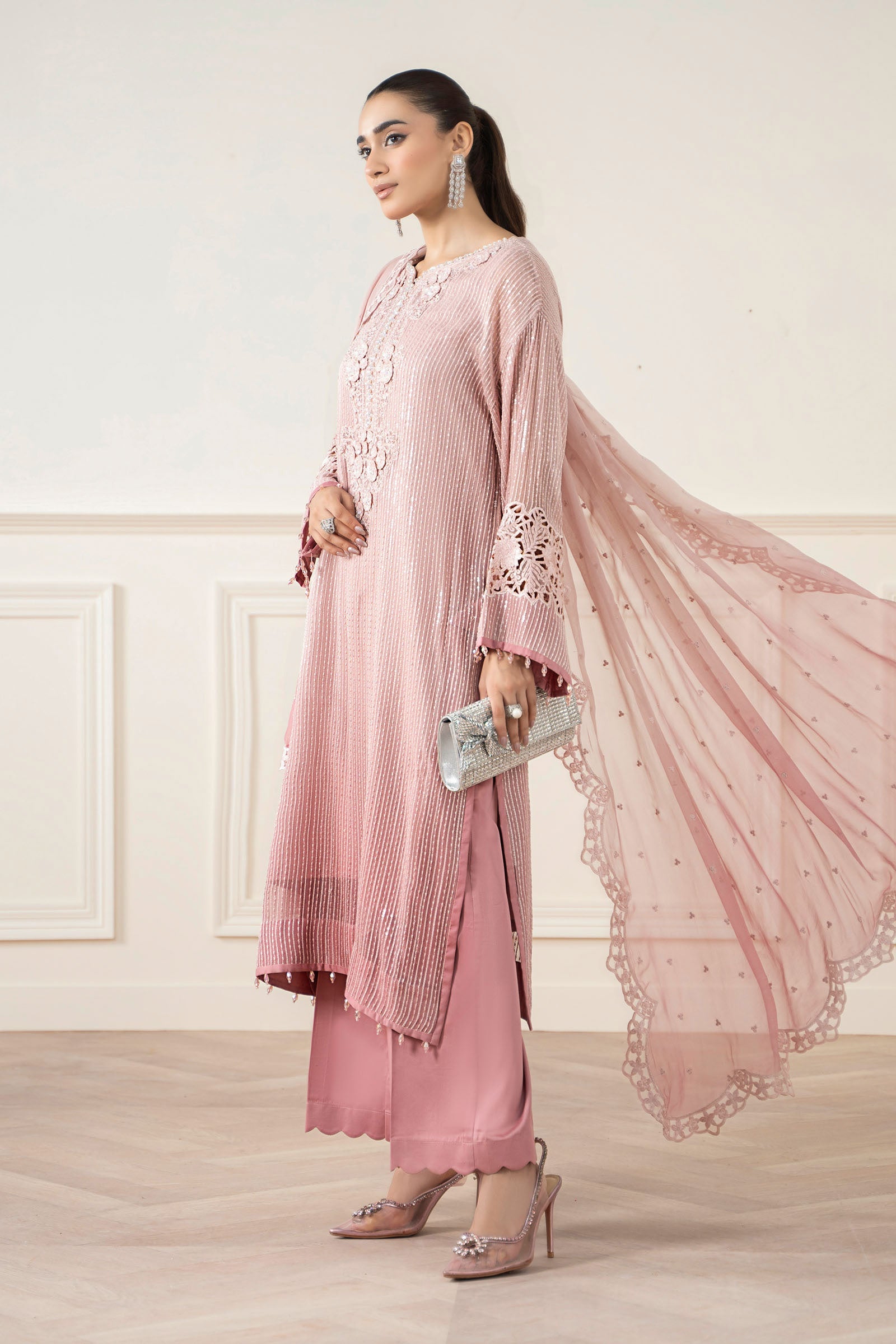 Pakistani Soft Pink Embroidered Chiffon Salwar Kameez (3-Piece) - Image 8