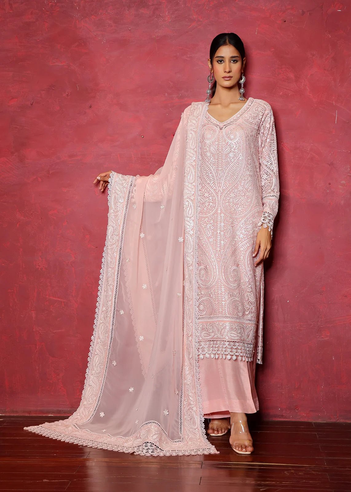 Pakistani Blush Pink Chikan Embroidered Chiffon Kurta (3-Piece) - Image 1