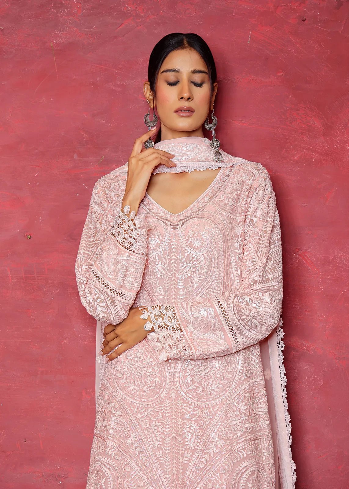 Pakistani Blush Pink Chikan Embroidered Chiffon Kurta (3-Piece) - Image 2