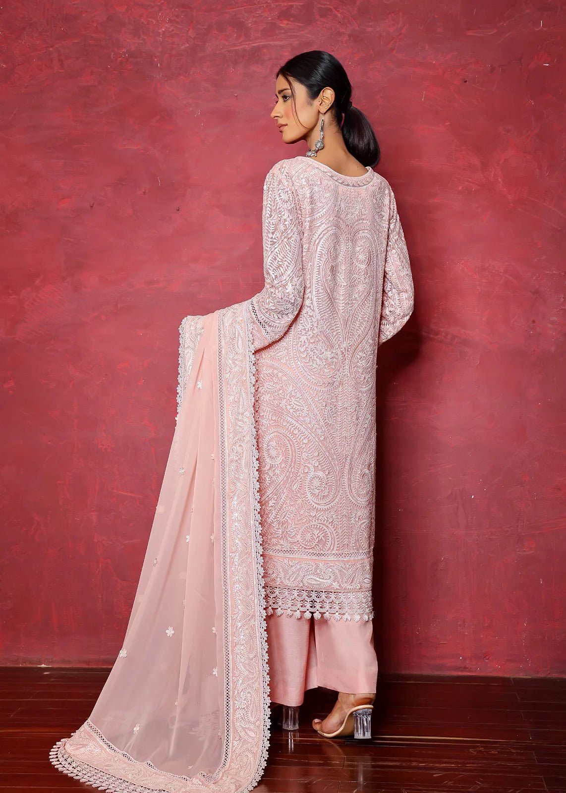 Pakistani Blush Pink Chikan Embroidered Chiffon Kurta (3-Piece) - Image 3
