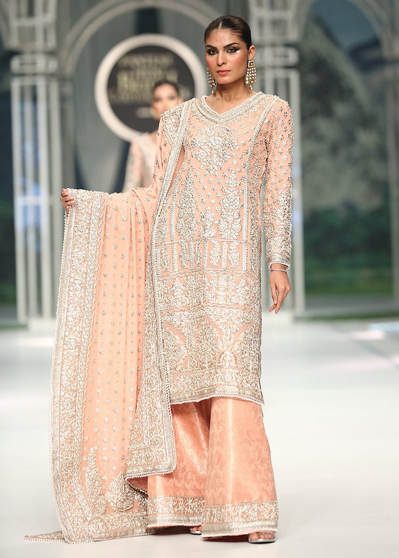 Pakistani Blush Pink Embroidered Chiffon Bridal Salwar Kameez (3-Piece) - Image 1