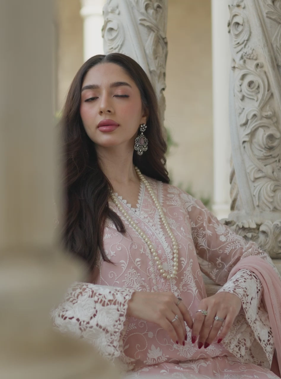 Pakistani Salmon Pink Embroidered Chiffon Salwar Kameez (3-Piece) - Image 10