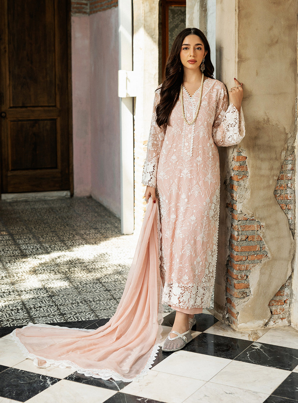 Pakistani Salmon Pink Embroidered Chiffon Salwar Kameez (3-Piece) - Image 5