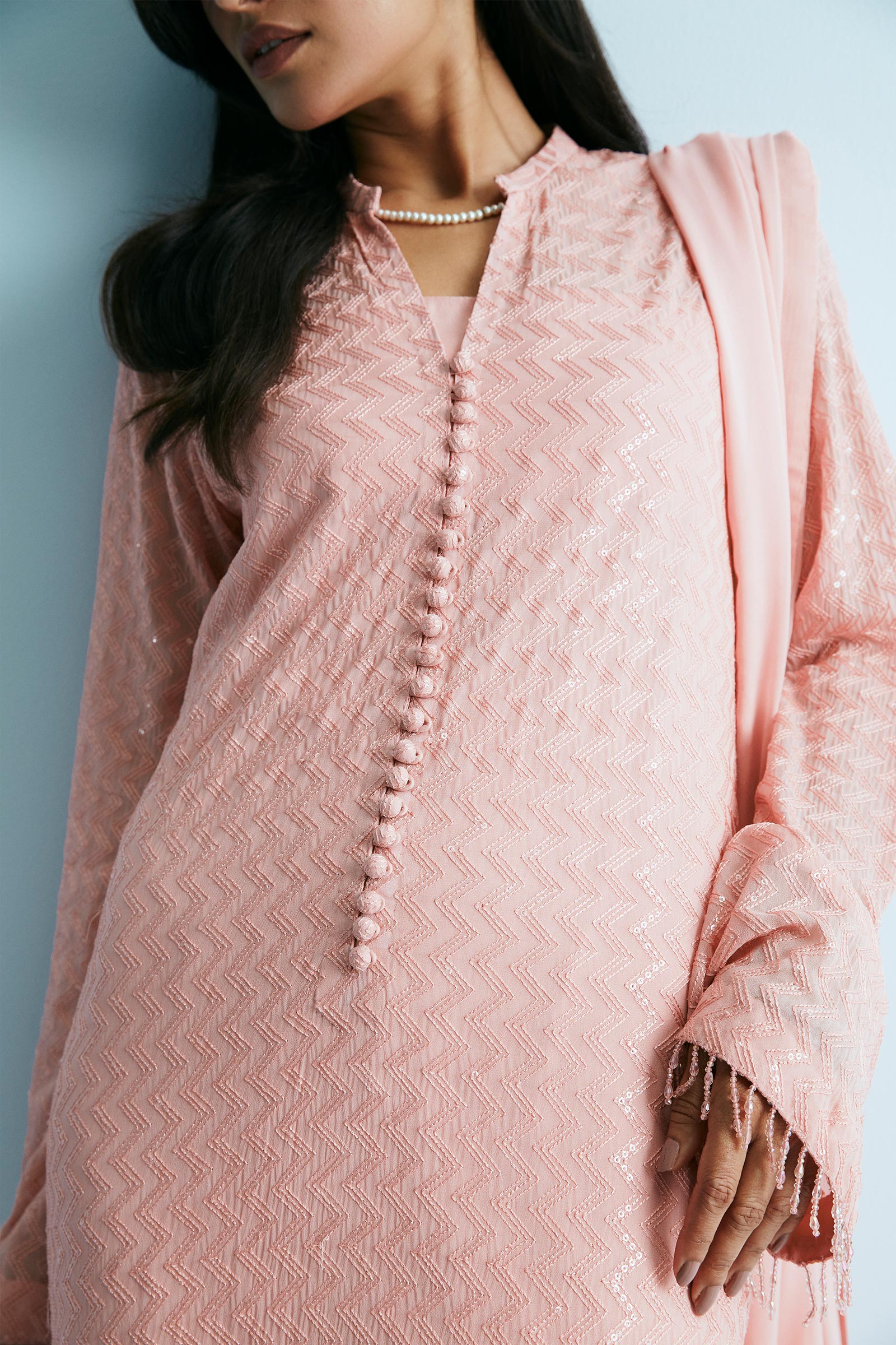 Coral Pink Sequin Chiffon Georgette Kurta Set (3-Piece) - Image 2