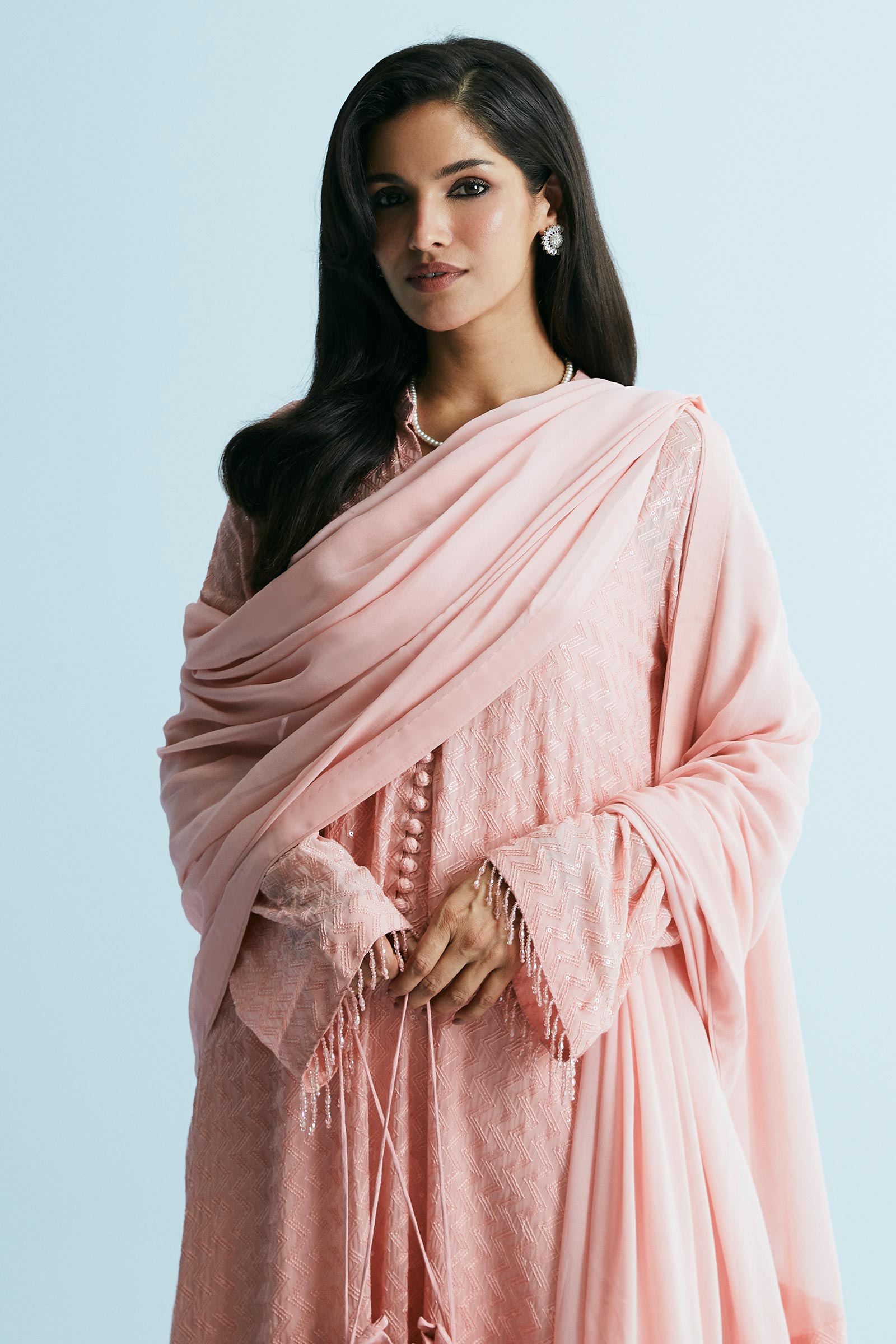 Coral Pink Sequin Chiffon Georgette Kurta Set (3-Piece) - Image 3