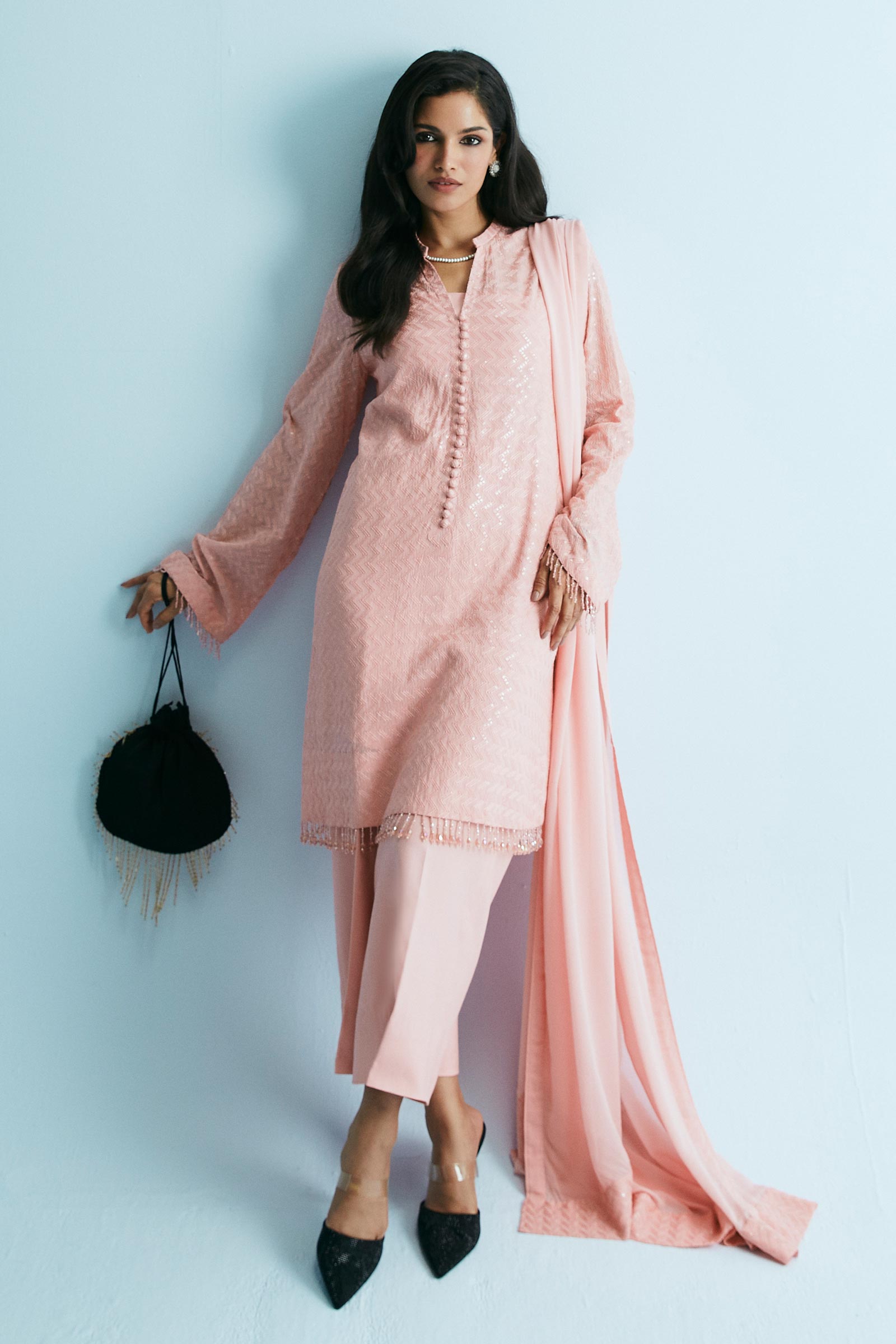 Coral Pink Sequin Chiffon Georgette Kurta Set (3-Piece) - Image 4