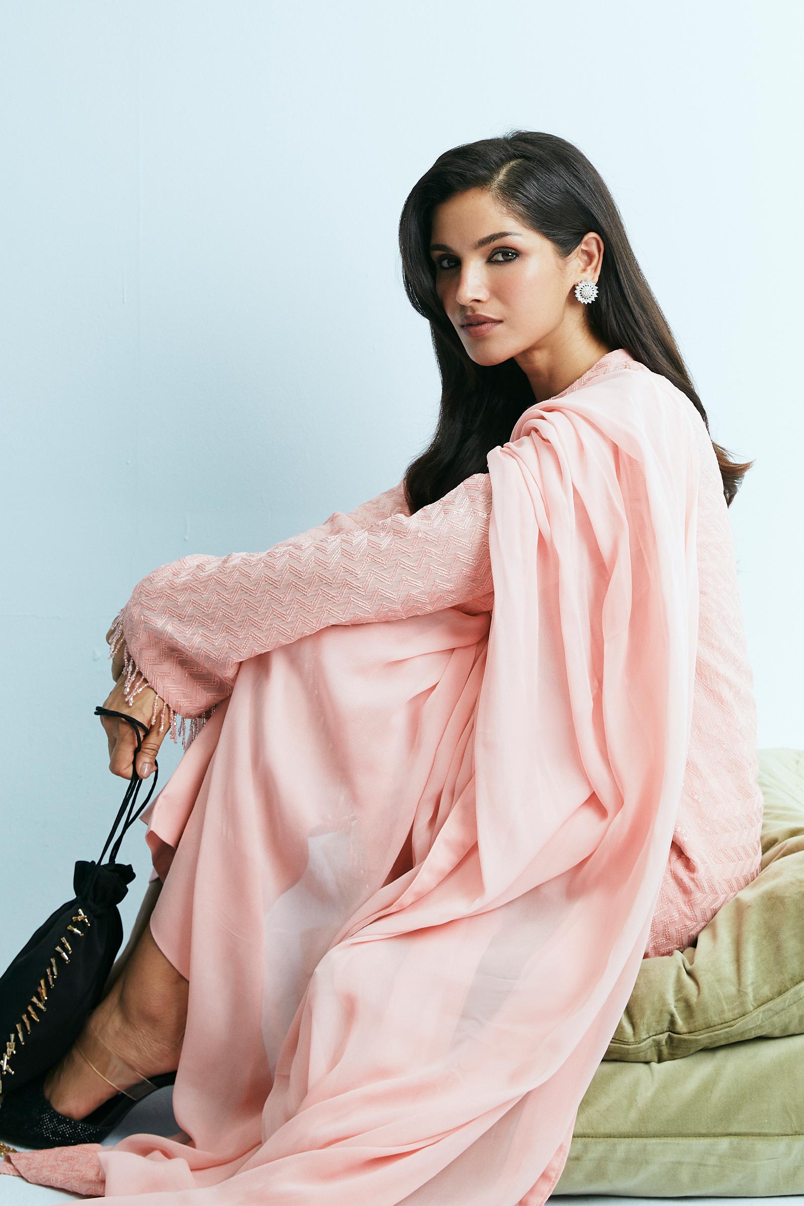 Coral Pink Sequin Chiffon Georgette Kurta Set (3-Piece) - Image 5