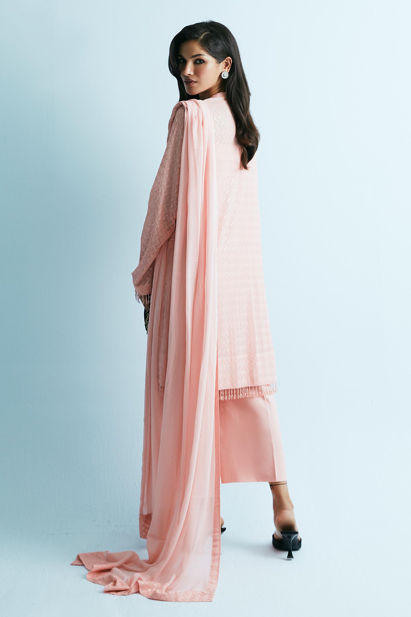 Coral Pink Sequin Chiffon Georgette Kurta Set (3-Piece) - Image 6