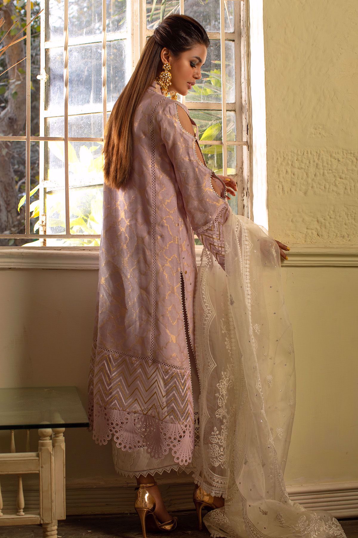 Pakistani Mauve Kaamdani Silk Thread Chiffon Kameez (3-Piece) - Image 11