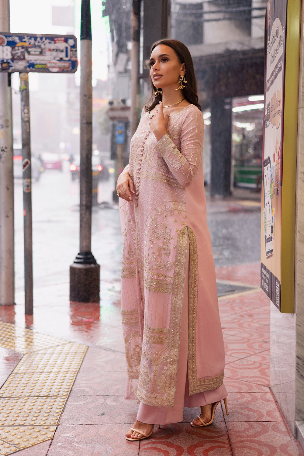 Pakistani Pink Embroidered Chiffon & Organza 3-Piece Suit - Image 1