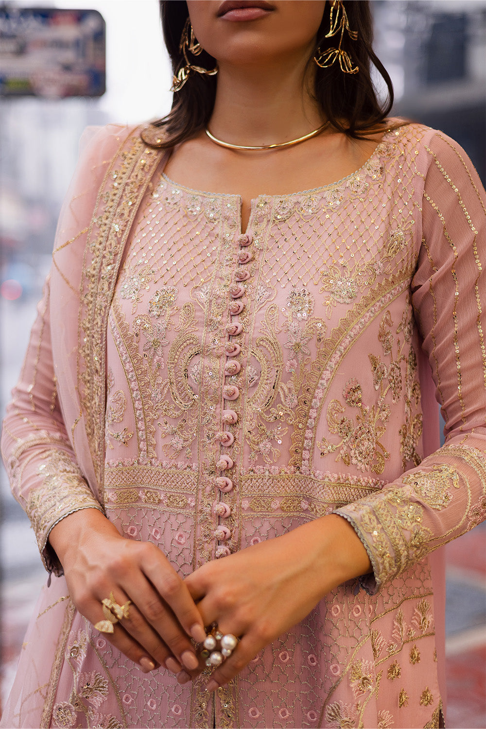 Pakistani Pink Embroidered Chiffon & Organza 3-Piece Suit - Image 2