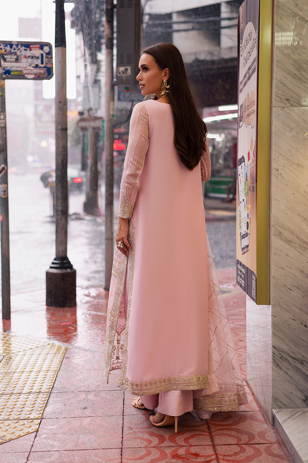 Pakistani Pink Embroidered Chiffon & Organza 3-Piece Suit - Image 5