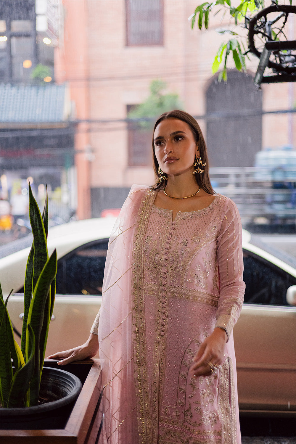 Pakistani Pink Embroidered Chiffon & Organza 3-Piece Suit - Image 6