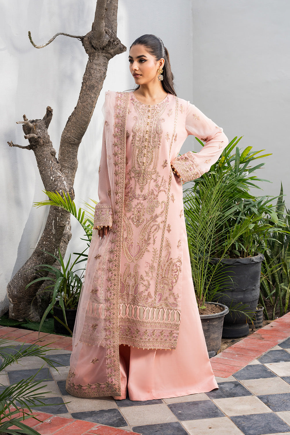 Pakistani Roasted Pearl Embroidered Chiffon & Organza Salwar Kameez (3-Piece) - Image 1
