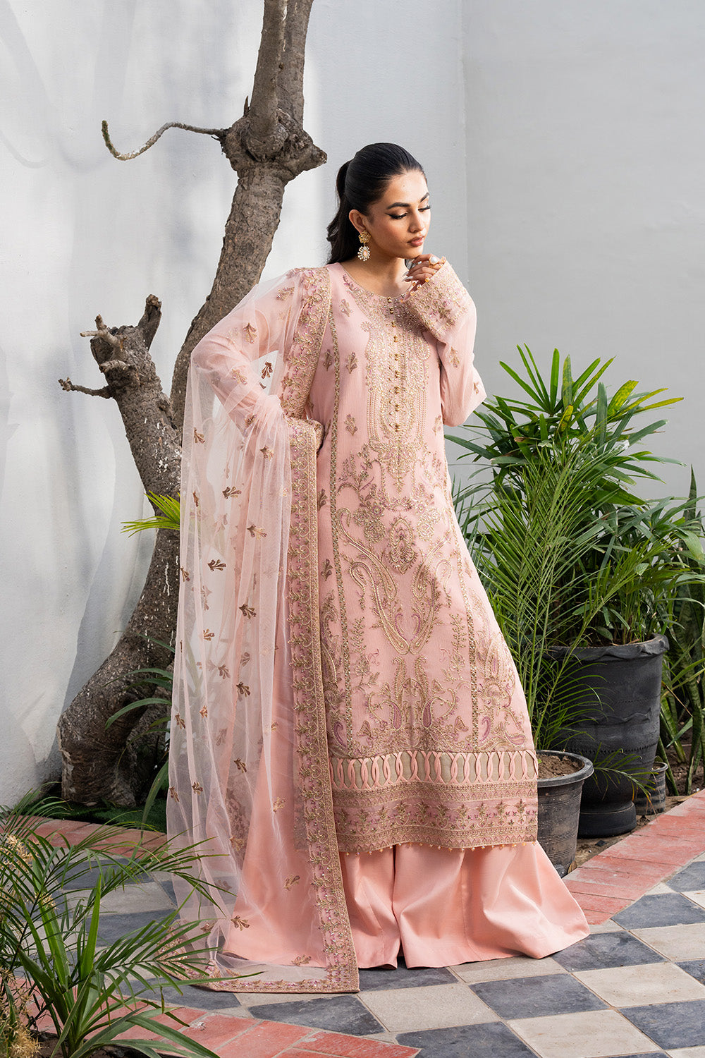 Pakistani Roasted Pearl Embroidered Chiffon & Organza Salwar Kameez (3-Piece) - Image 4