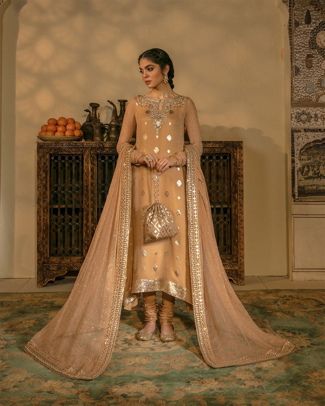 Peach Mukesh Embellished Chiffon Salwar Kameez (3-Piece) - Image 1