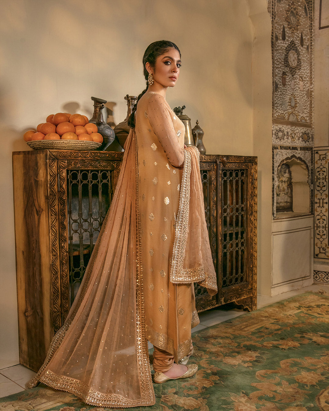 Peach Mukesh Embellished Chiffon Salwar Kameez (3-Piece) - Image 3