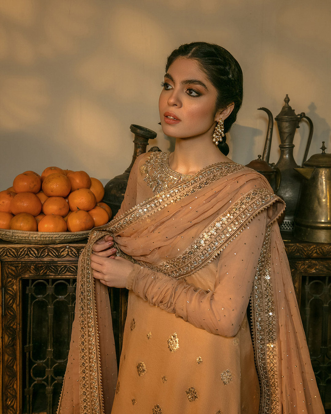 Peach Mukesh Embellished Chiffon Salwar Kameez (3-Piece) - Image 4