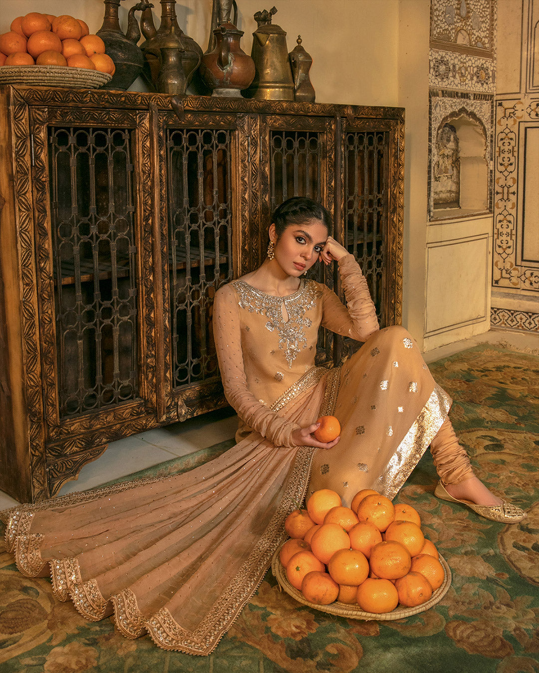 Peach Mukesh Embellished Chiffon Salwar Kameez (3-Piece) - Image 5