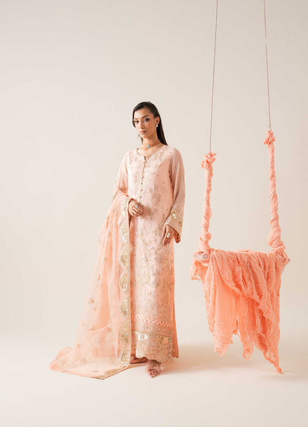 Pakistani Peach Embroidered Chiffon Organza 3-Piece Suit - Image 1