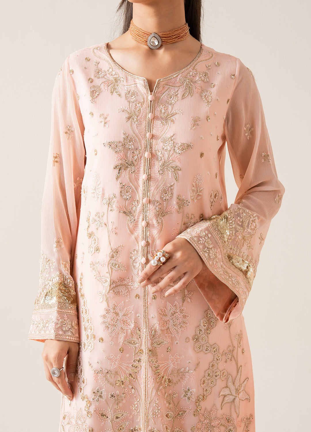 Pakistani Peach Embroidered Chiffon Organza 3-Piece Suit - Image 2