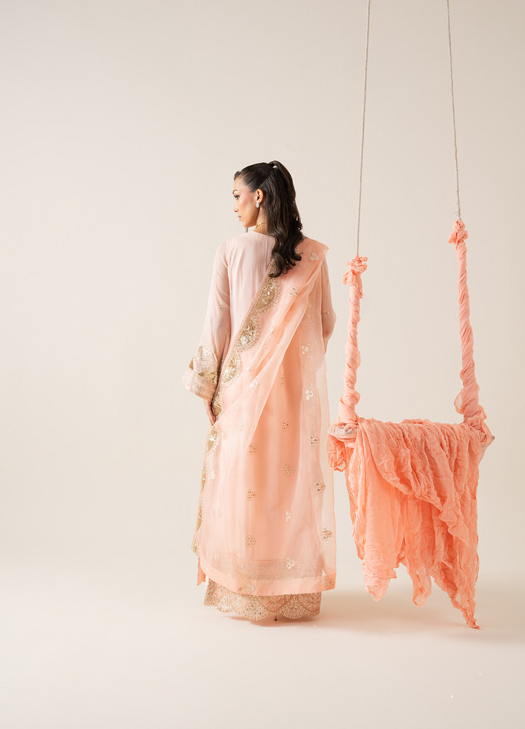 Pakistani Peach Embroidered Chiffon Organza 3-Piece Suit - Image 3