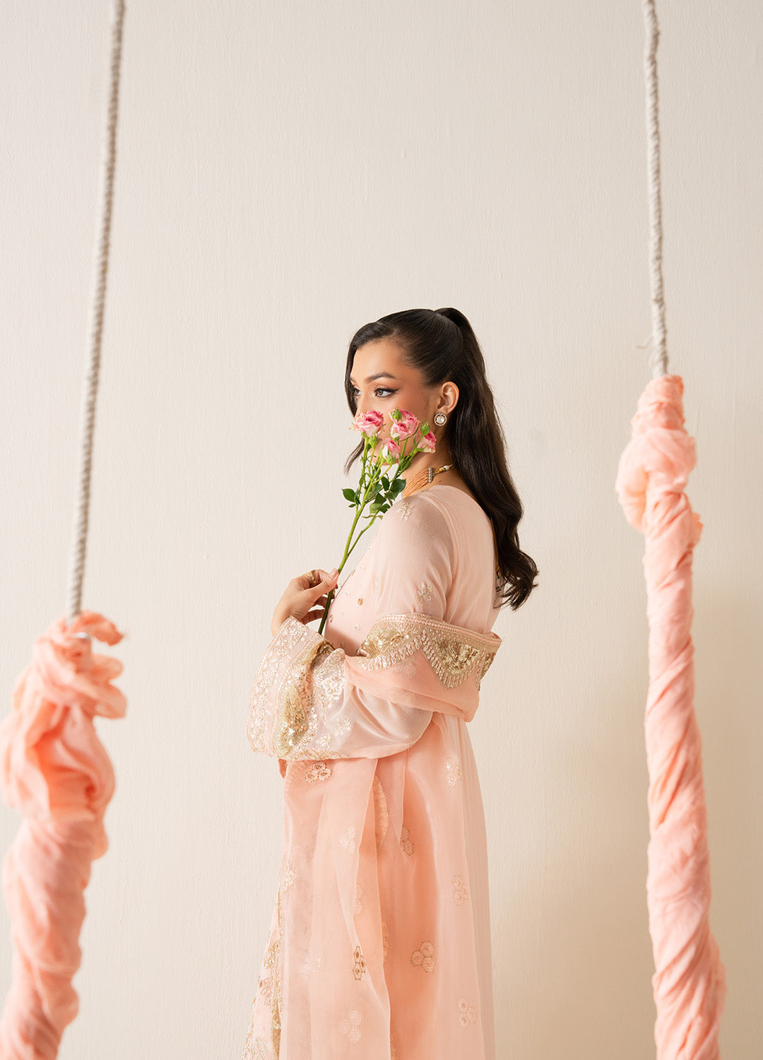 Pakistani Peach Embroidered Chiffon Organza 3-Piece Suit - Image 5