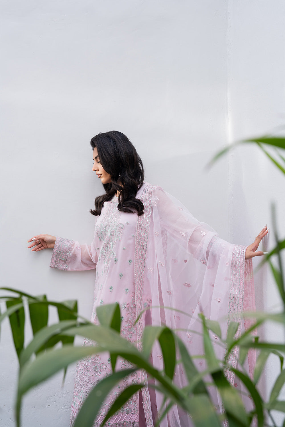 Rose Pink Embroidered Chiffon & Organza Salwar Kameez (3-Piece) - Image 2