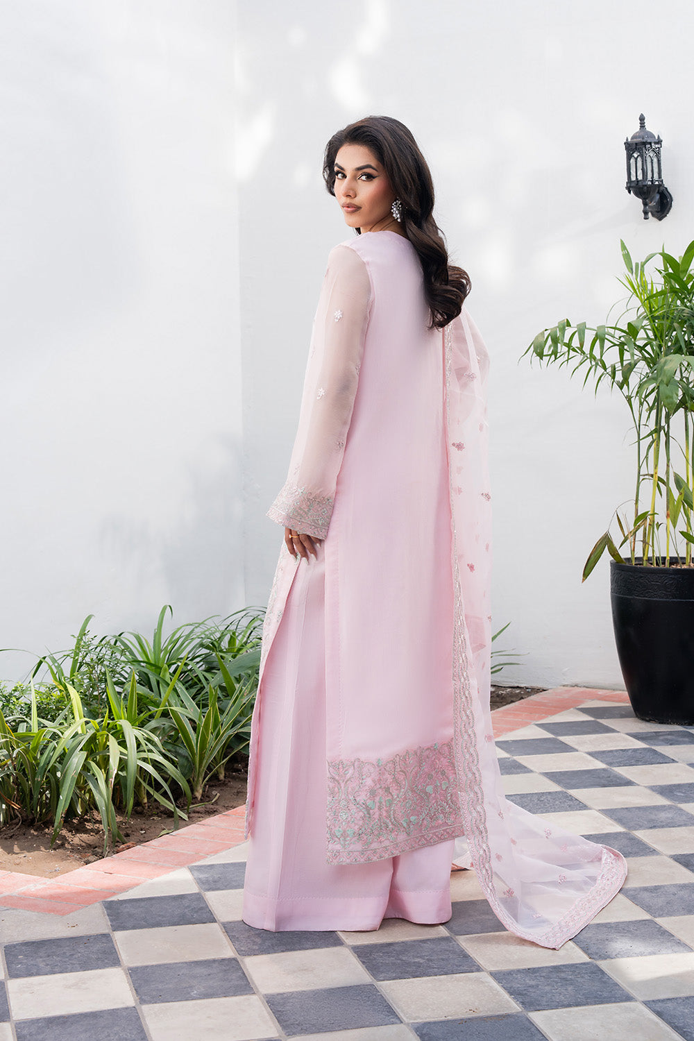 Rose Pink Embroidered Chiffon & Organza Salwar Kameez (3-Piece) - Image 3