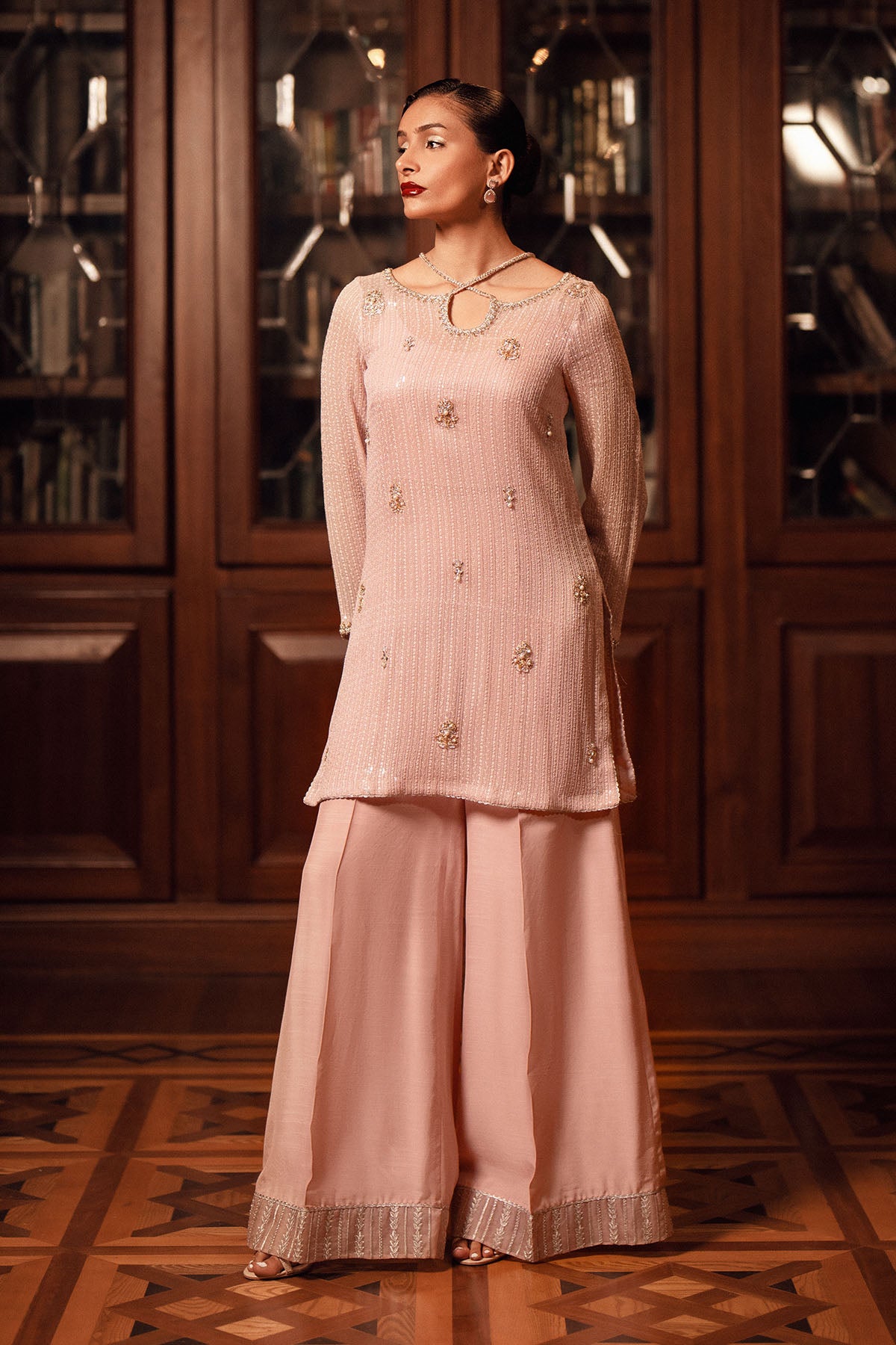 Pakistani Blush Pink Embellished Chiffon & Silk Salwar Kameez (2-Piece) - Image 1