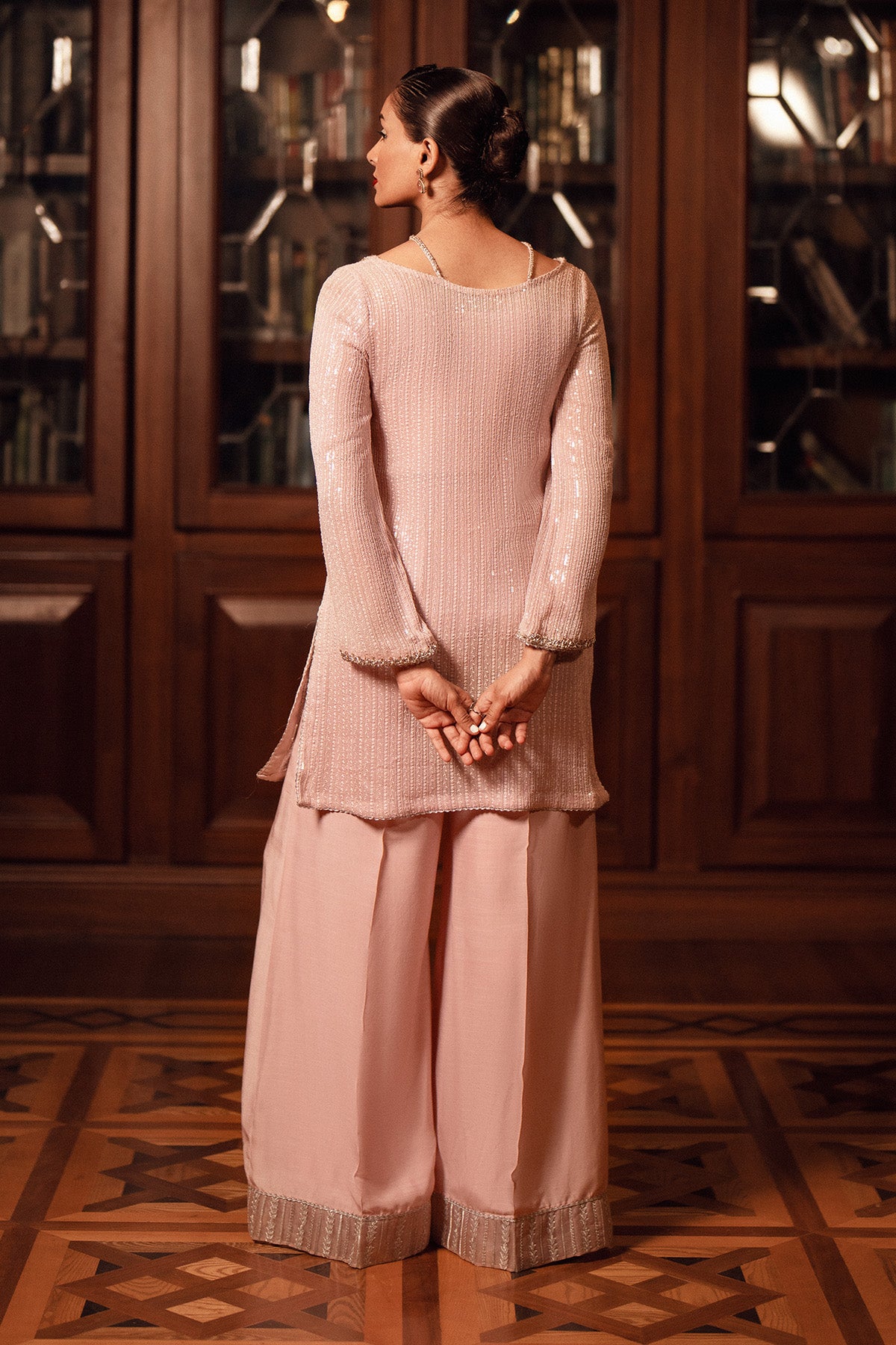 Pakistani Blush Pink Embellished Chiffon & Silk Salwar Kameez (2-Piece) - Image 2