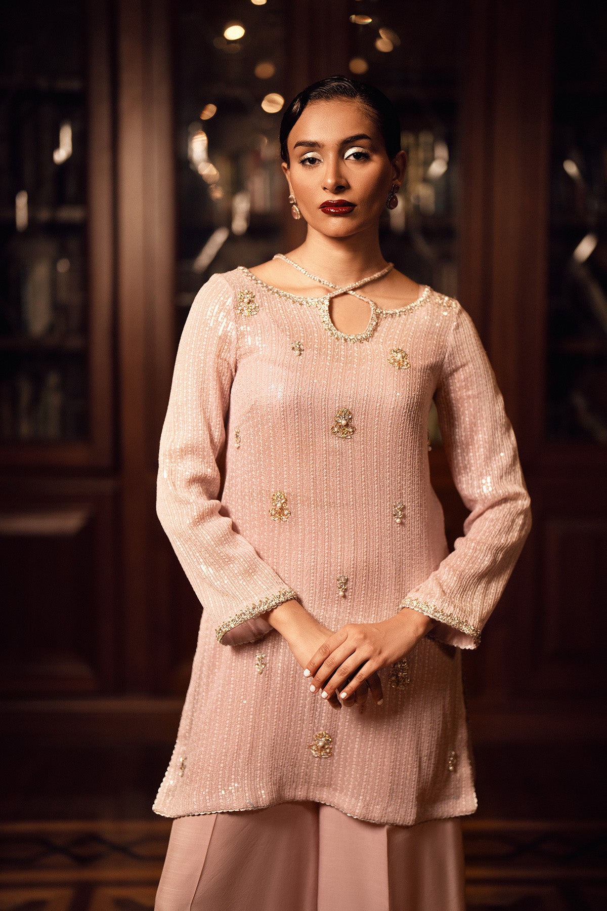 Pakistani Blush Pink Embellished Chiffon & Silk Salwar Kameez (2-Piece) - Image 3