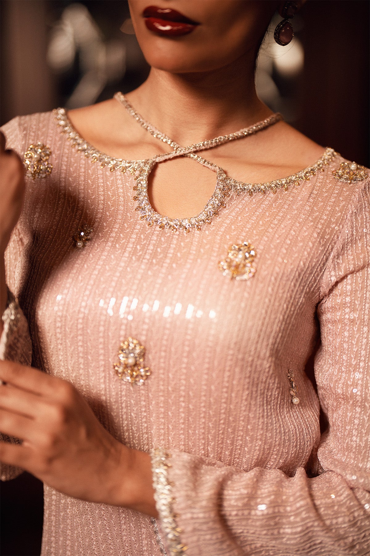 Pakistani Blush Pink Embellished Chiffon & Silk Salwar Kameez (2-Piece) - Image 4