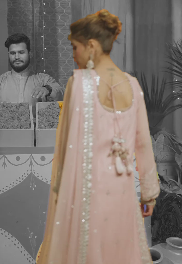 Pakistani Powder Pink Embroidered Chiffon 3-Piece Suit - Image 2
