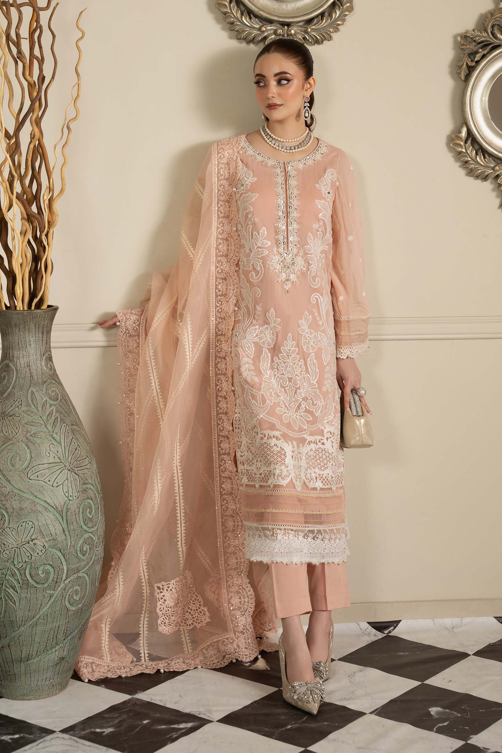 Pakistani Peach Embroidered Blackwood Chiffon 3-Piece Suit - Image 1