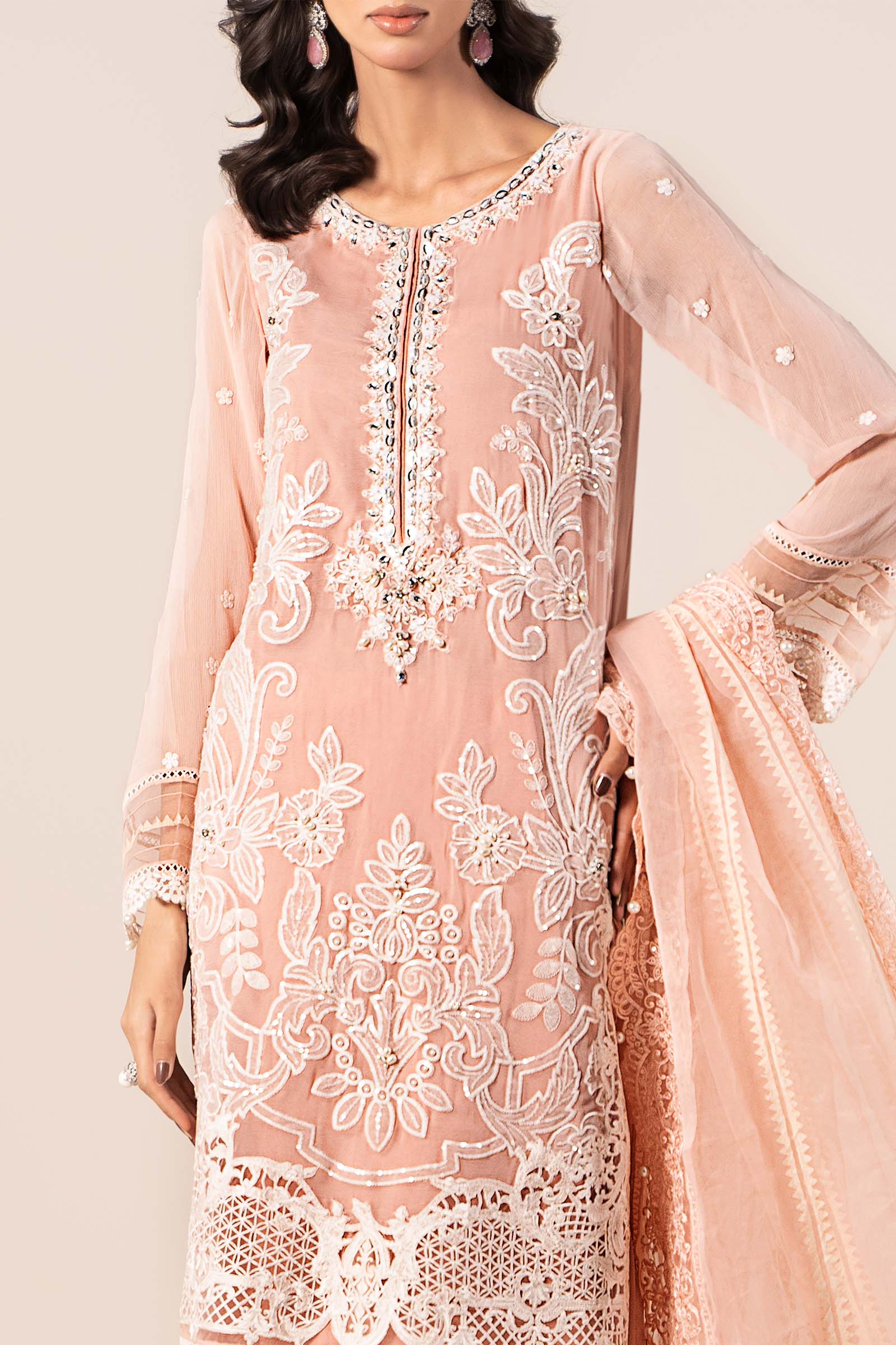 Pakistani Peach Embroidered Blackwood Chiffon 3-Piece Suit - Image 11