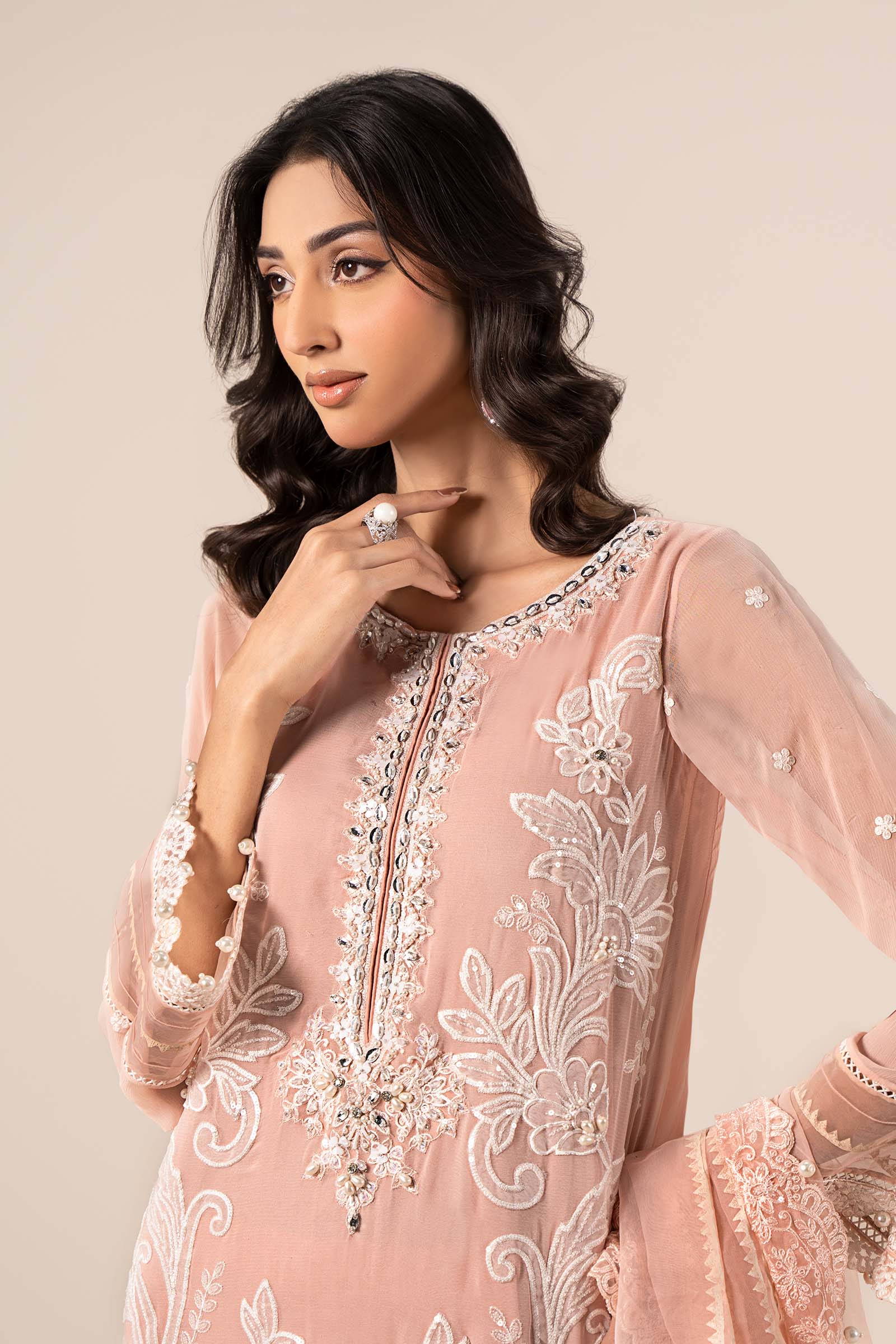 Pakistani Peach Embroidered Blackwood Chiffon 3-Piece Suit - Image 12