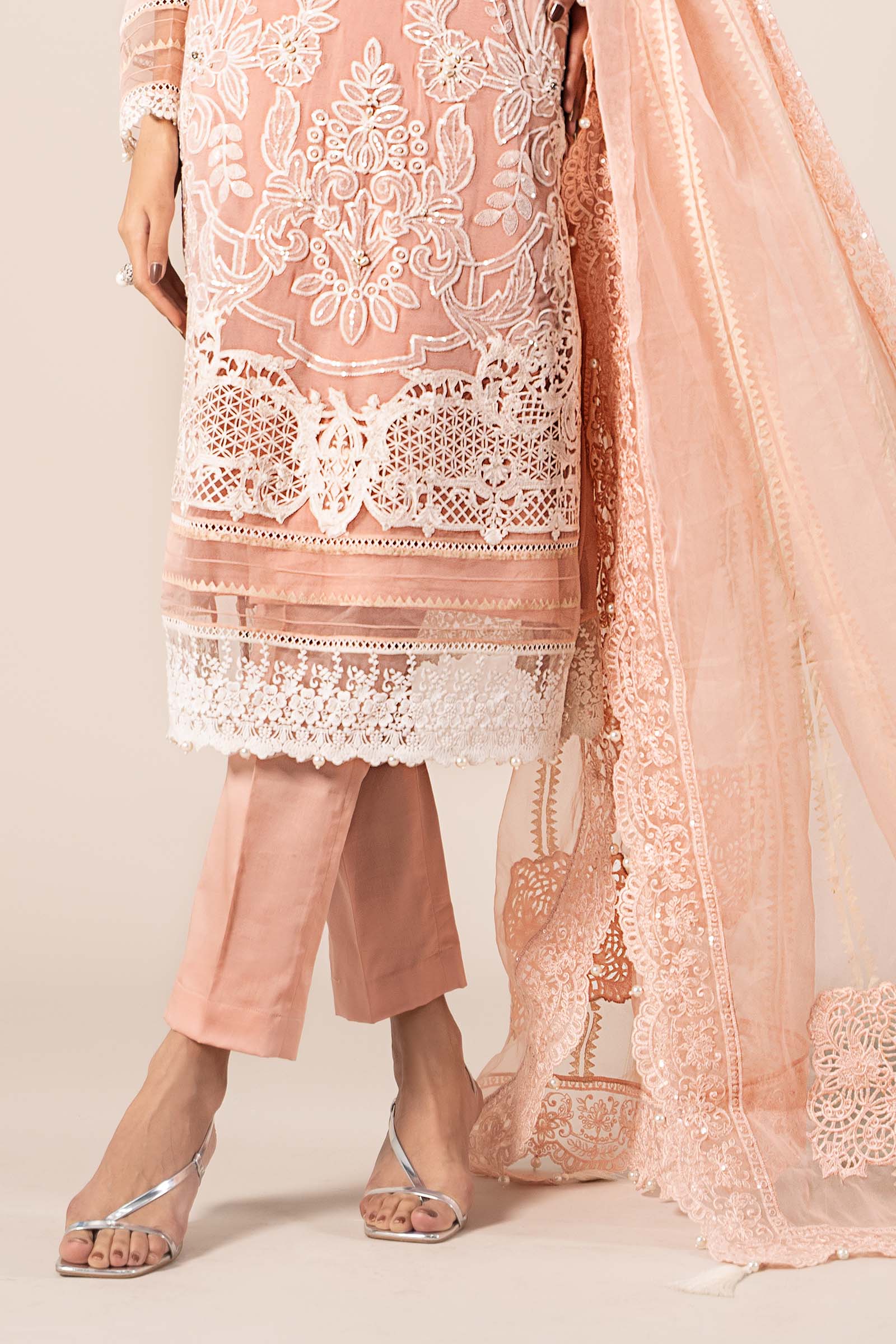 Pakistani Peach Embroidered Blackwood Chiffon 3-Piece Suit - Image 14