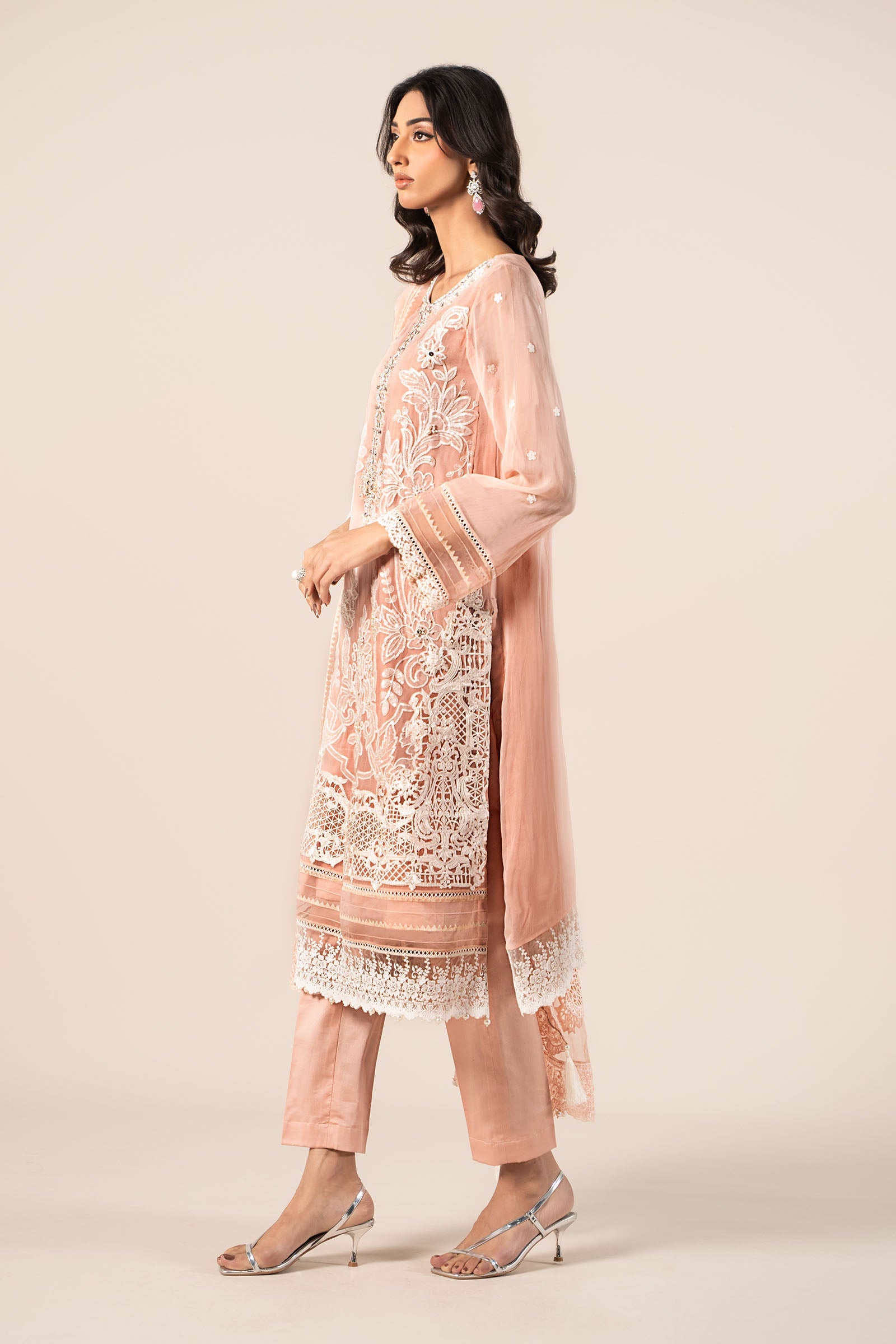 Pakistani Peach Embroidered Blackwood Chiffon 3-Piece Suit - Image 15