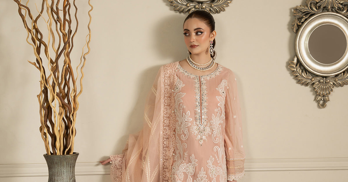 Pakistani Peach Embroidered Blackwood Chiffon 3-Piece Suit - Image 16