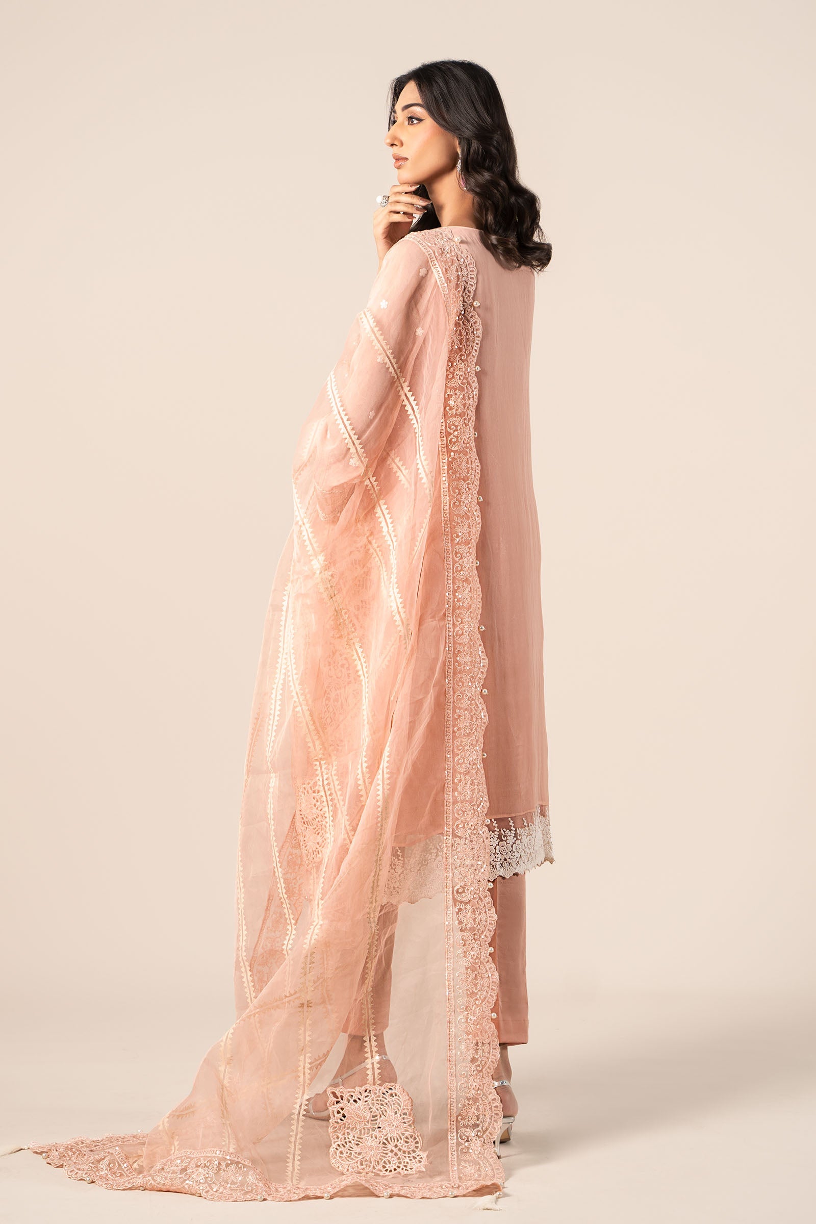 Pakistani Peach Embroidered Blackwood Chiffon 3-Piece Suit - Image 18