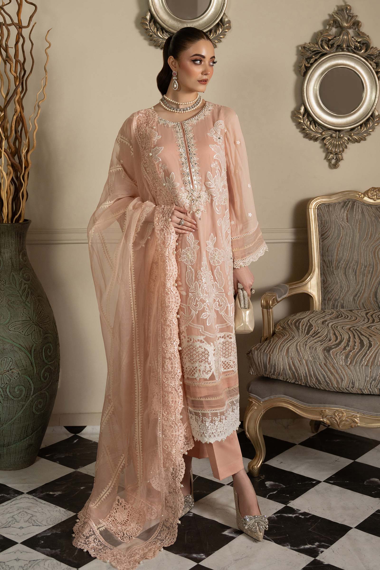Pakistani Peach Embroidered Blackwood Chiffon 3-Piece Suit - Image 19