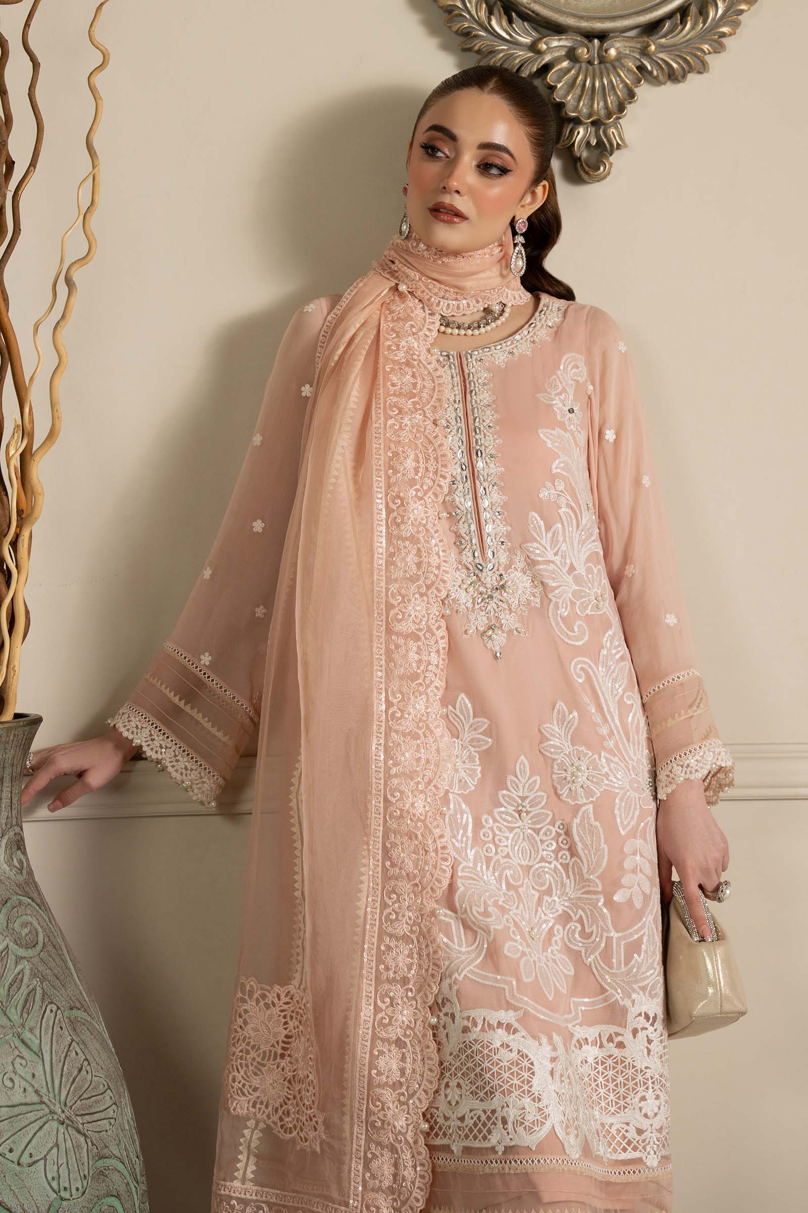 Pakistani Peach Embroidered Blackwood Chiffon 3-Piece Suit - Image 4