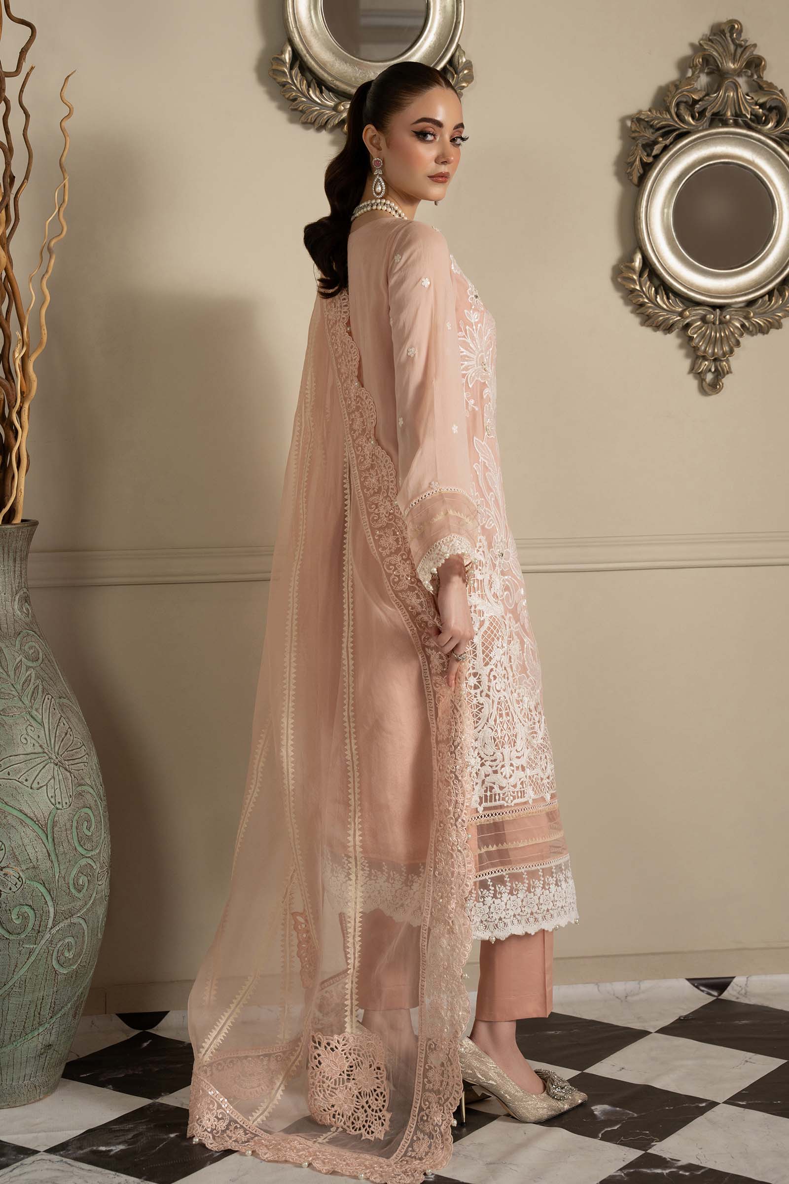 Pakistani Peach Embroidered Blackwood Chiffon 3-Piece Suit - Image 6