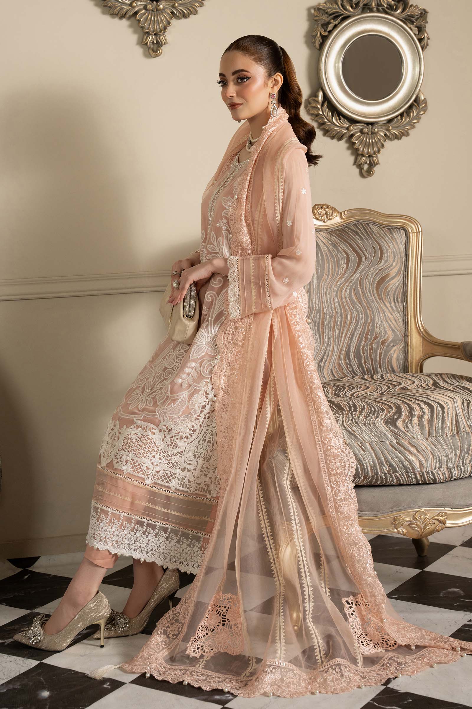 Pakistani Peach Embroidered Blackwood Chiffon 3-Piece Suit - Image 7